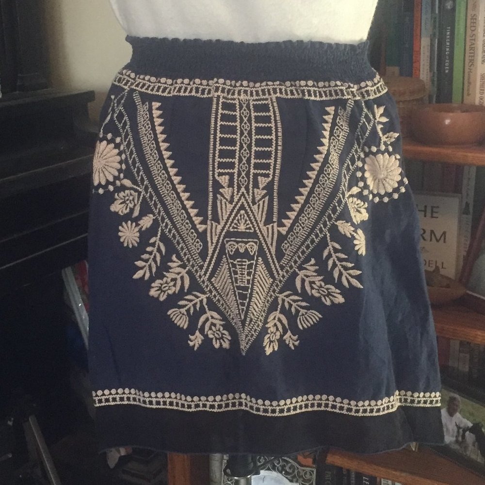 Johnny Was Linen Navy Embroidered Skirt